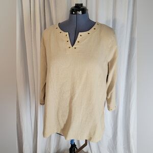 Womens Beige Long Sleeve Tunic Top with Grommet Detail